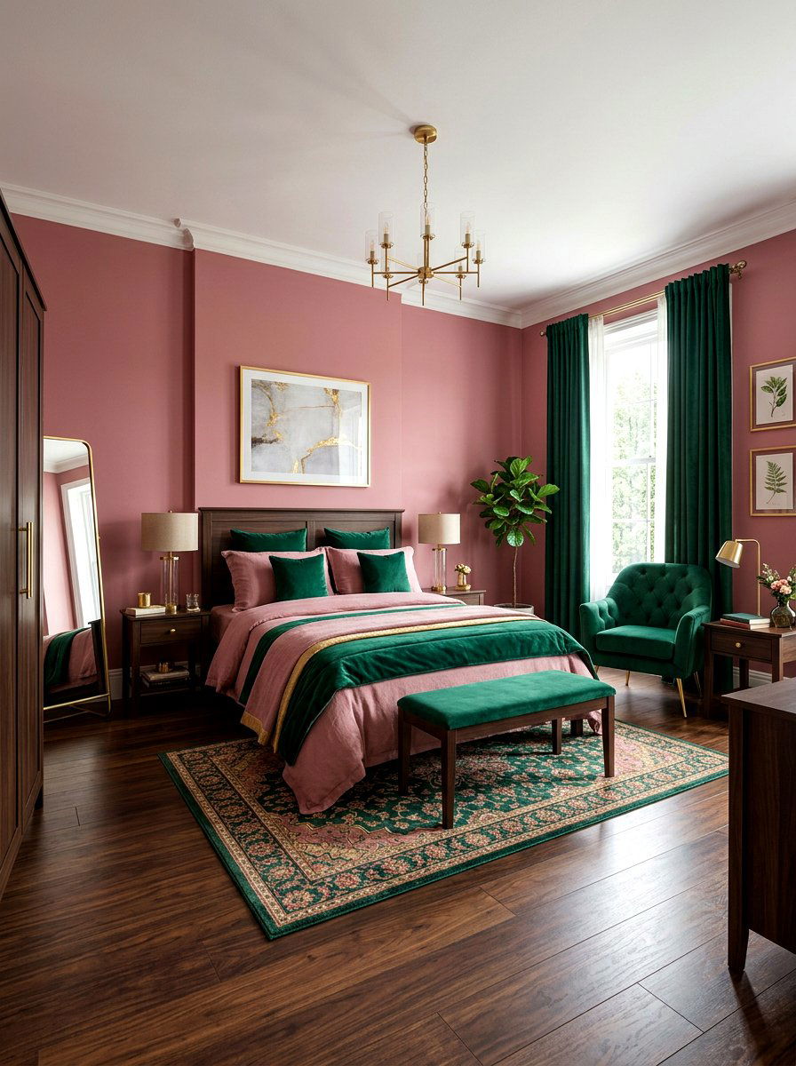Dusty Rose and Emerald Green - 30 dusty rose bedroom ideas