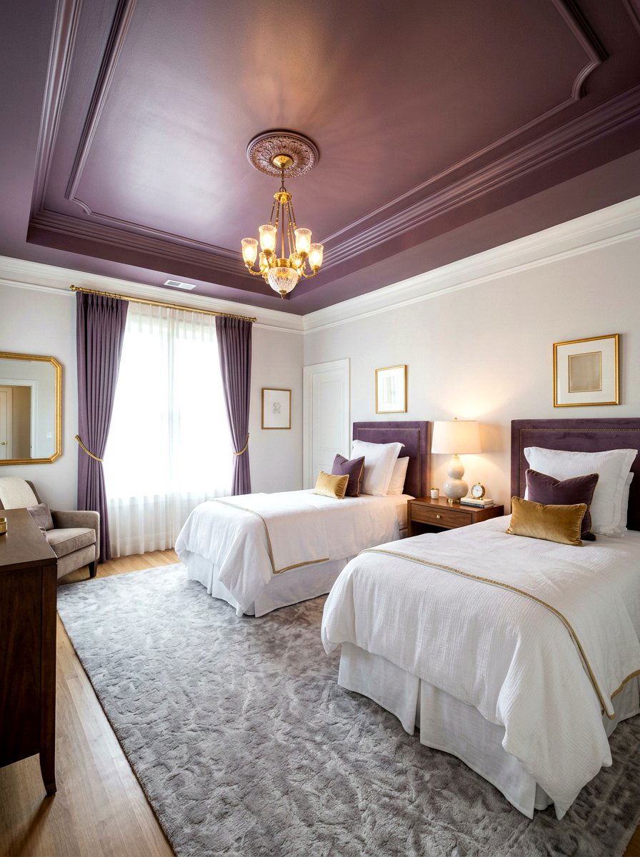 Dusty eggplant guest bedroom ceiling - 30 moody ceiling paint ideas