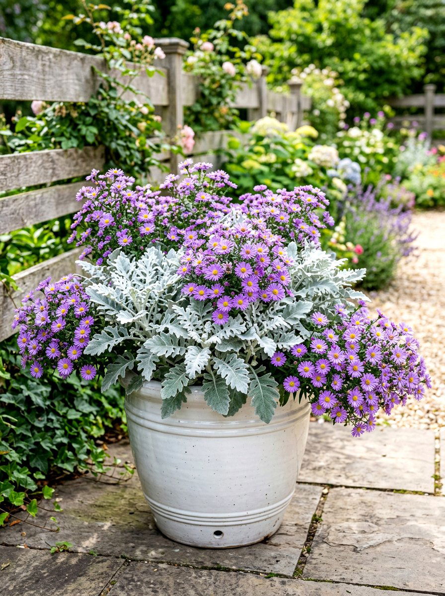Dusty miller and purple aster planter - 30 autumn planter ideas