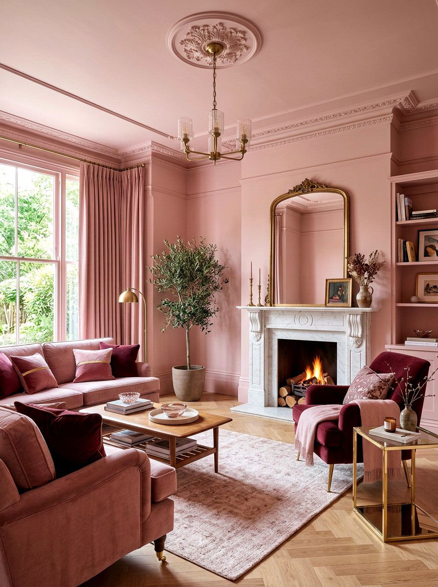 Dusty pink living room - 30 color drench living room ideas