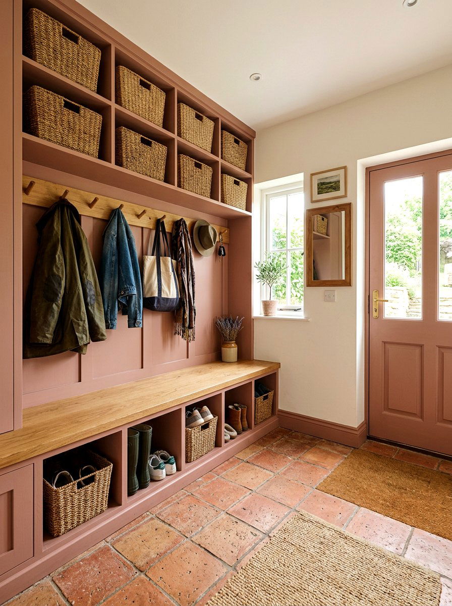 Dusty rose and terracotta mudroom - 30 pink and red home decor ideas