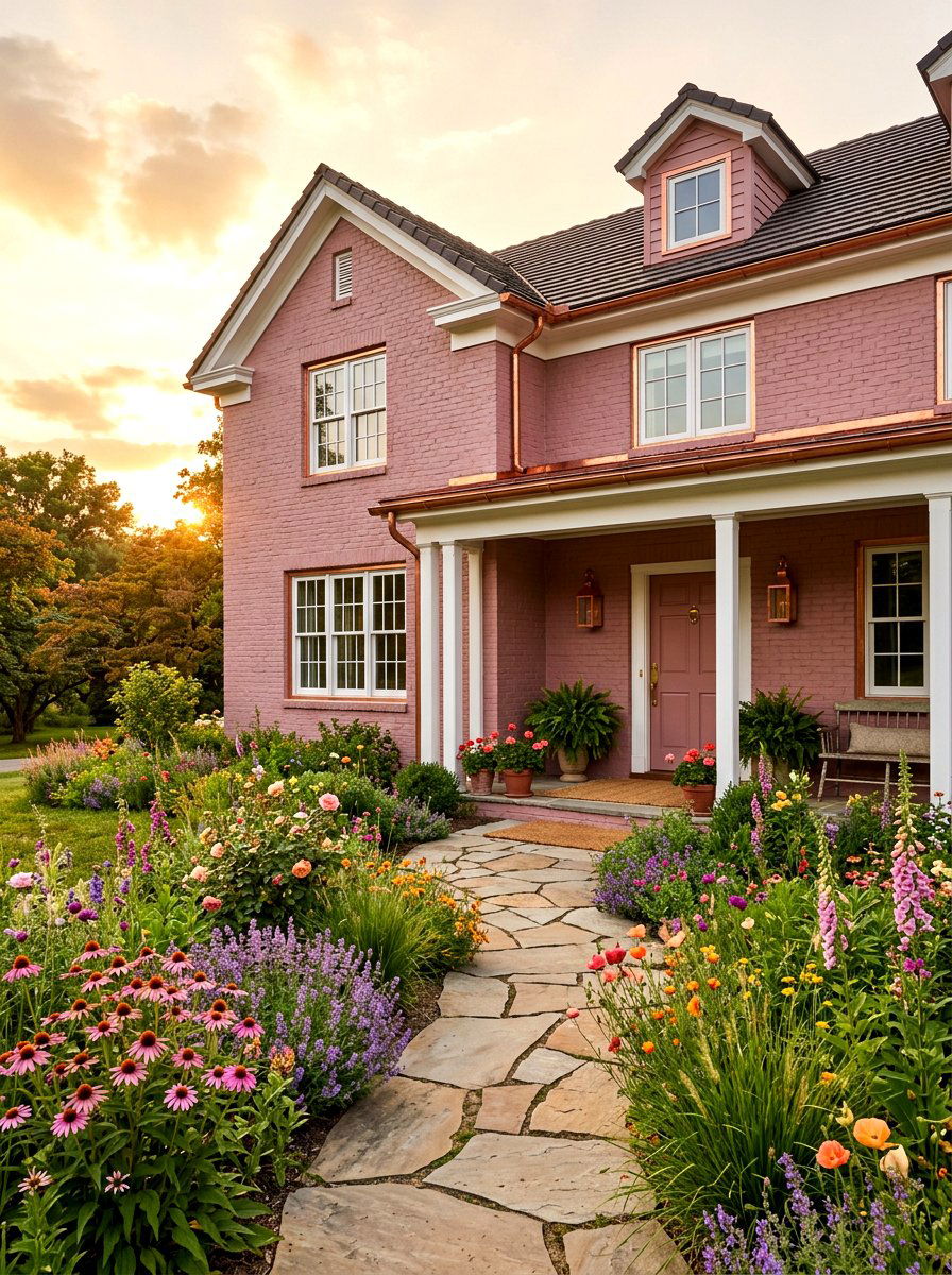 Dusty rose brick exterior - 30 painted brick house ideas