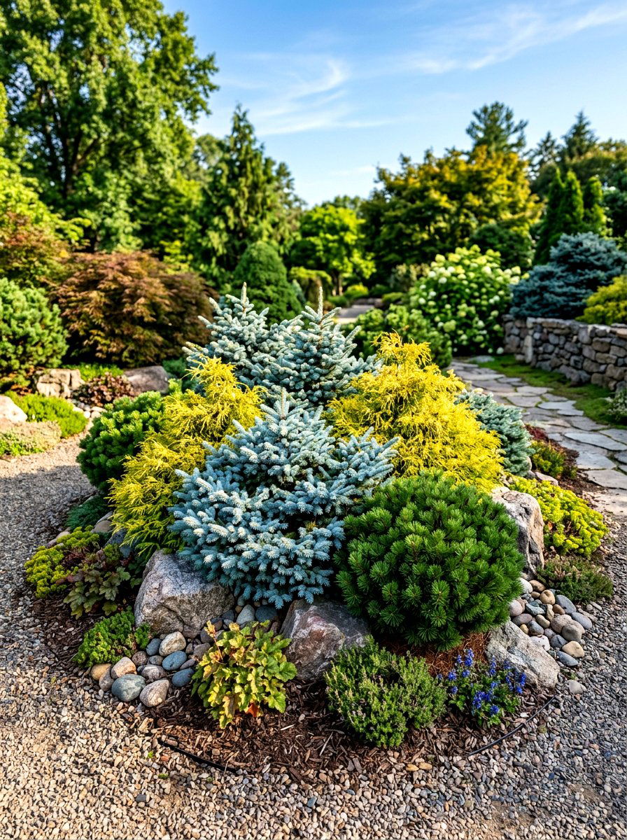 Dwarf Conifer Arrangement - 30 layered hedge front yard ideas