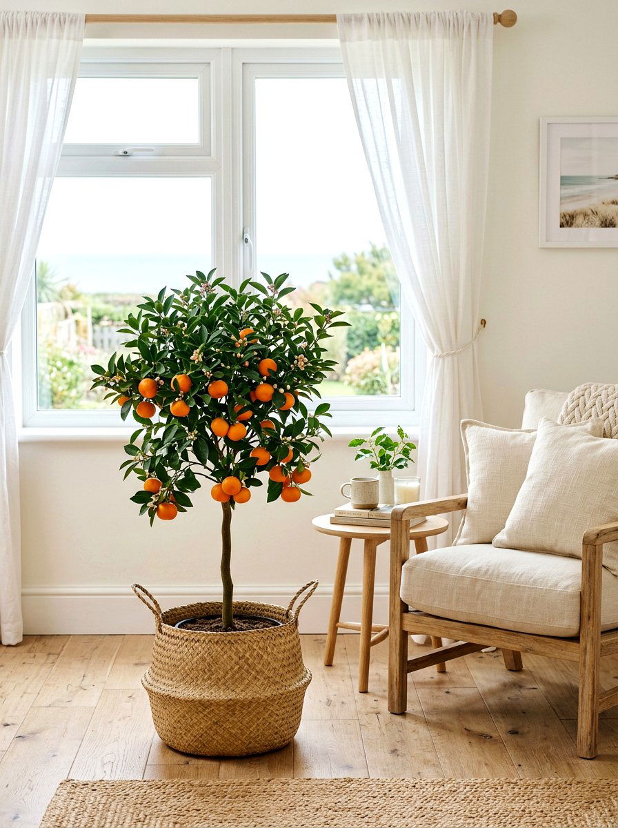 Dwarf Mandarin Tree Woven Planter Display - 30 citrus patio tree ideas