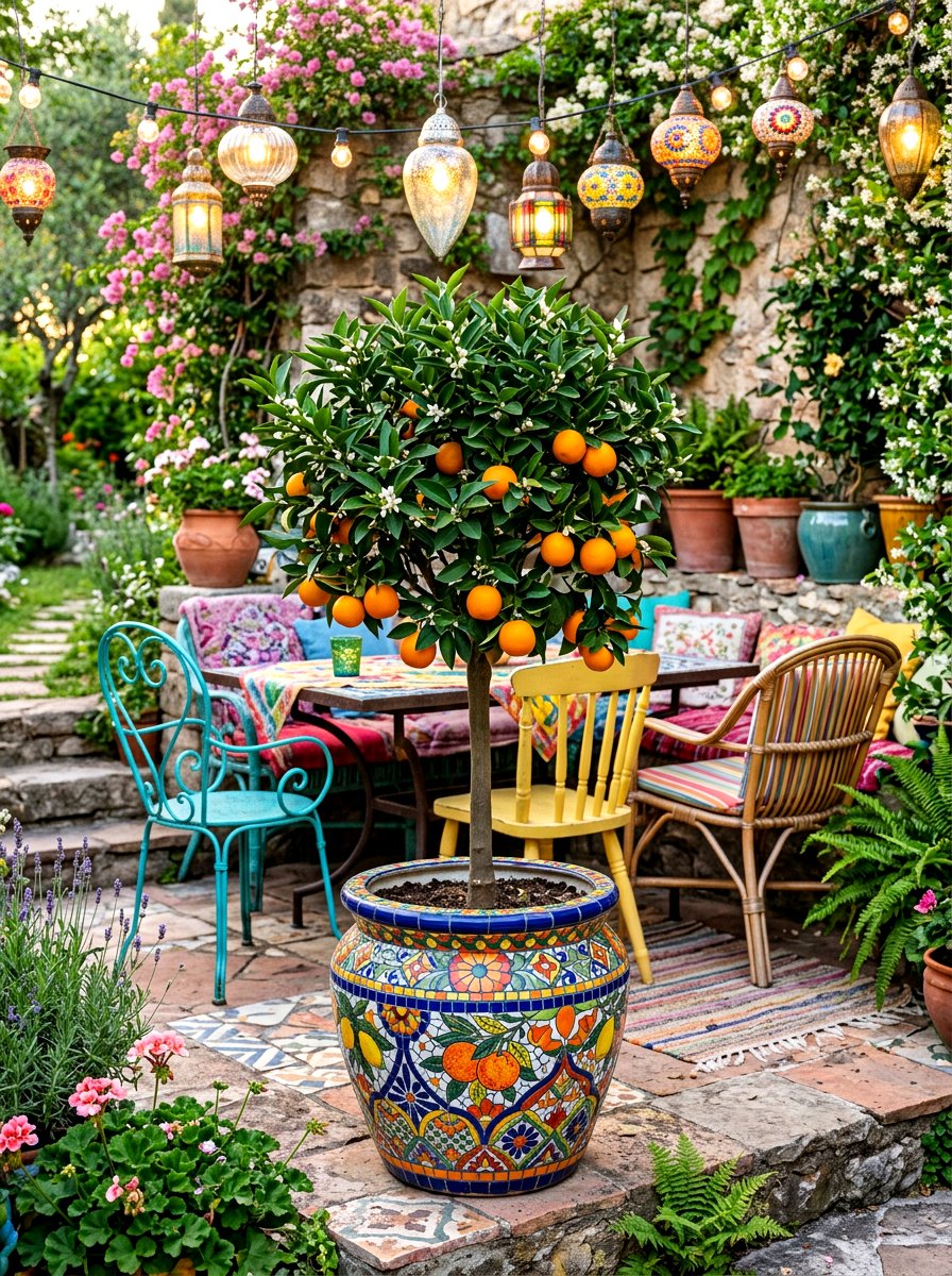 Dwarf Orange Tree In Colorful Mosaic Pot - 30 potted citrus patio ideas