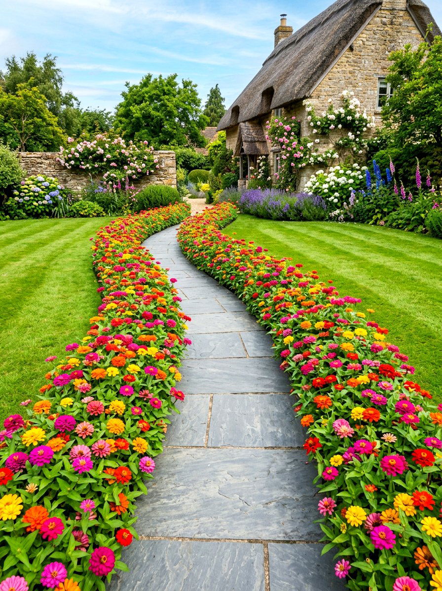 Dwarf Zinnia Garden Path - 30 zinnia border ideas