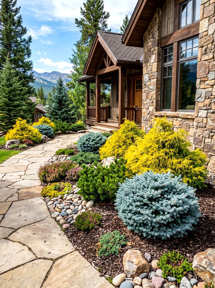 Dwarf conifer foundation planting - 30 foundation landscaping ideas