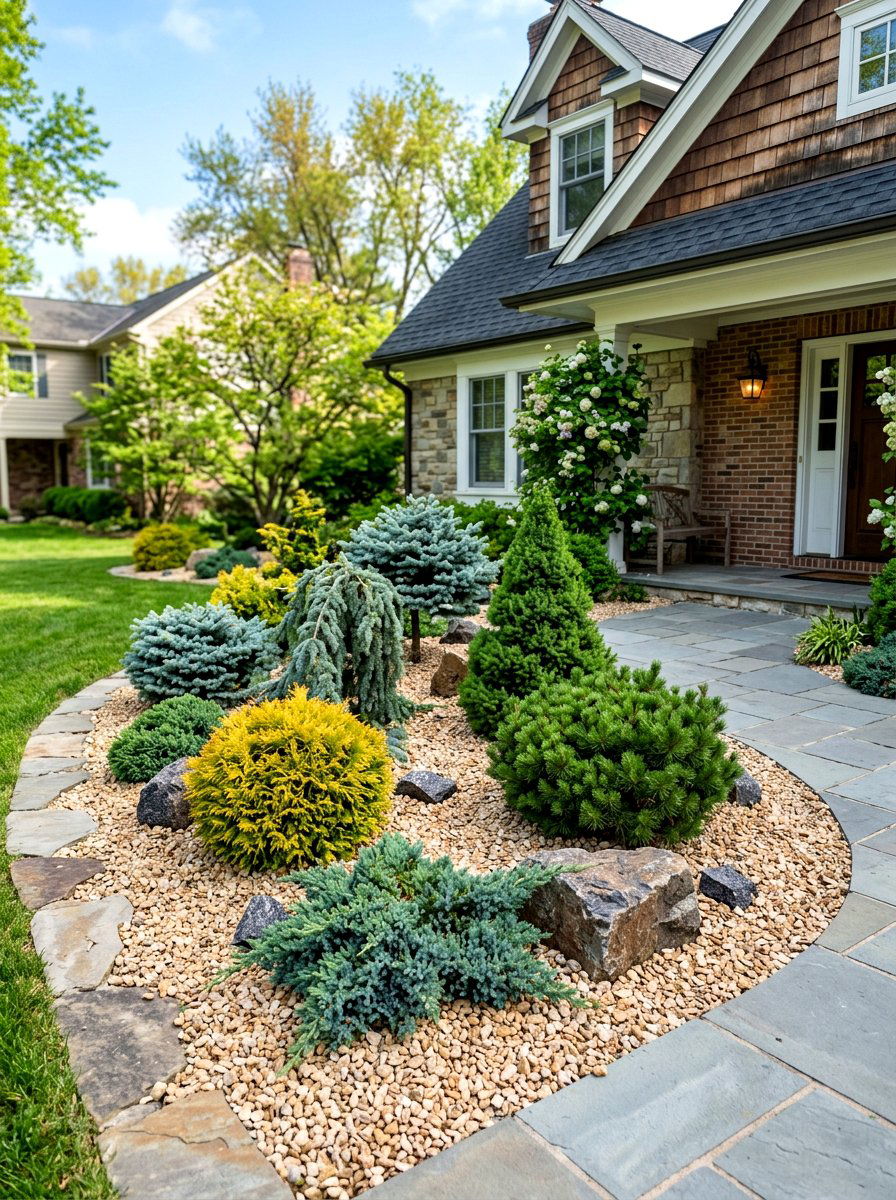Dwarf conifer garden - 30 low maintenance front yard ideas