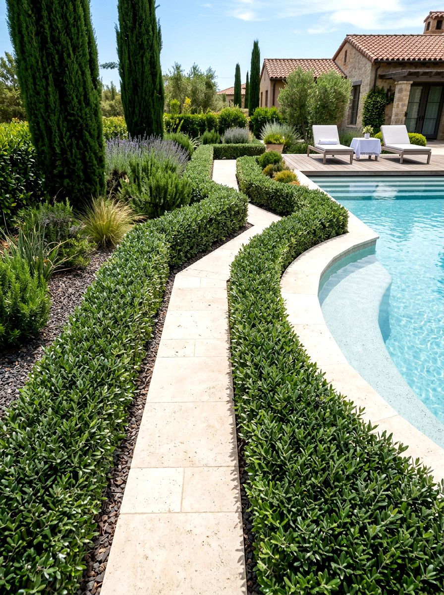 Dwarf olive trees for pool borders - 30 poolside olive trees ideas