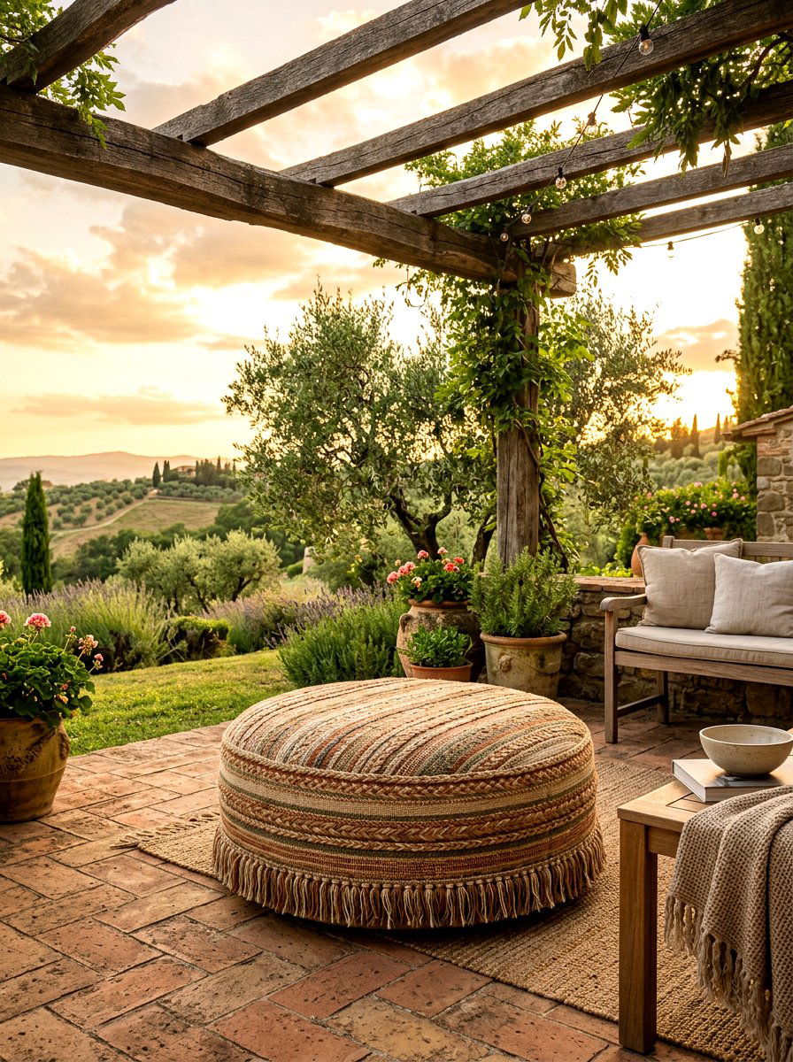 Earth Tone Round Ottoman - 30 outdoor pouf ideas