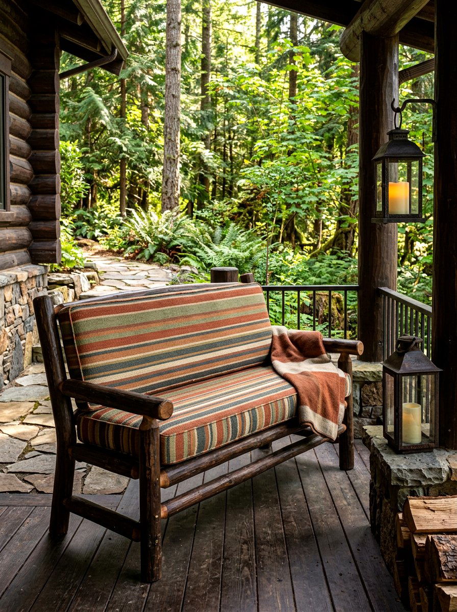Earth Tone Striped Rustic Porch Seat - 30 striped outdoor cushion porch ideas
