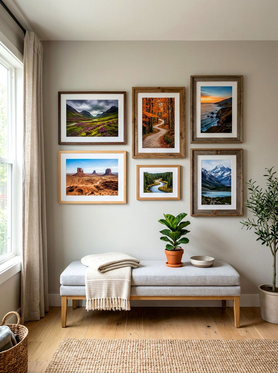 Earth tone gallery wall - 30 earthy entryway ideas