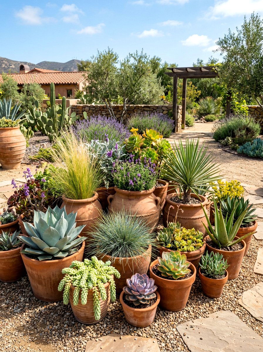 Earth tone terracotta container garden - 30 container garden color ideas