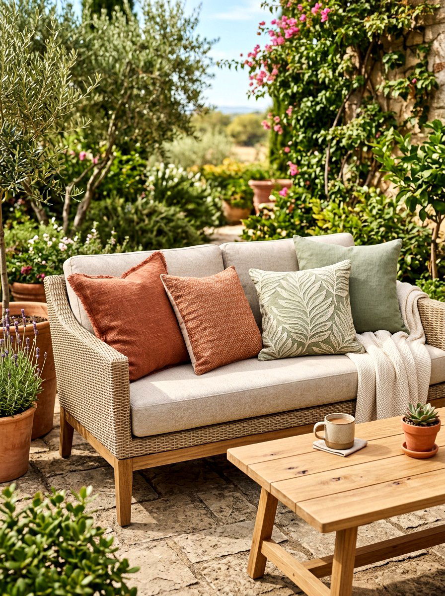 Earth tone throw pillows - 30 warm minimalist patio ideas