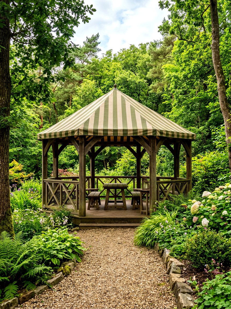 Earthy Green Striped Garden Gazebo - 30 striped cabana backyard ideas