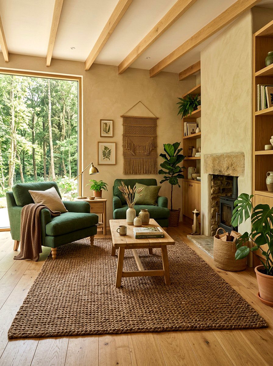 Earthy Living Room With Green Linen Chairs And Jute Rug - 30 forest green and brown living room ideas