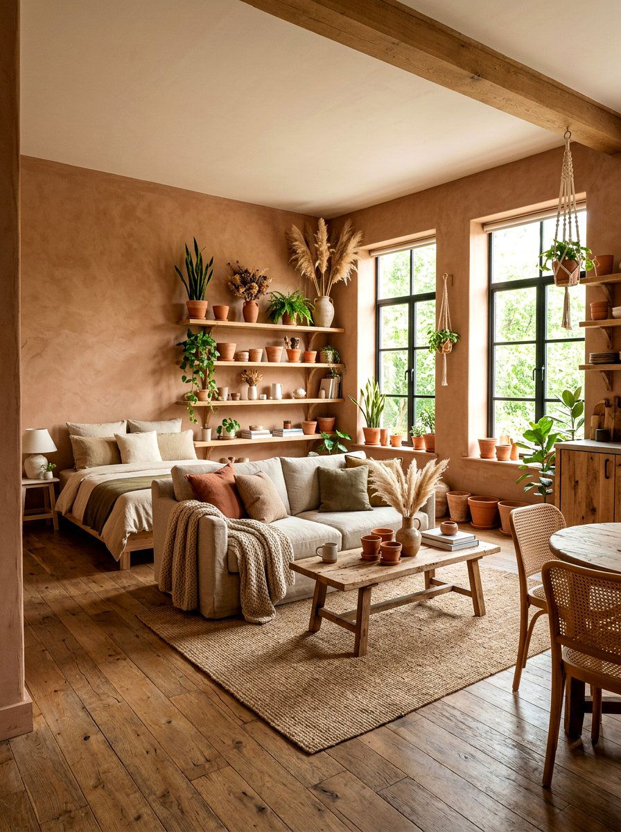 Earthy Studio Apartment - 30 tiny apartment aesthetic ideas
