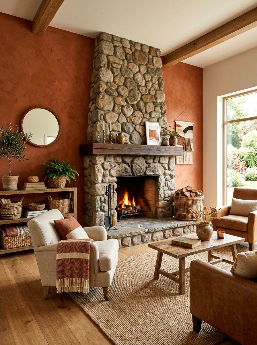 Earthy Terracotta Accent Wall - 30 terracotta washed living room ideas