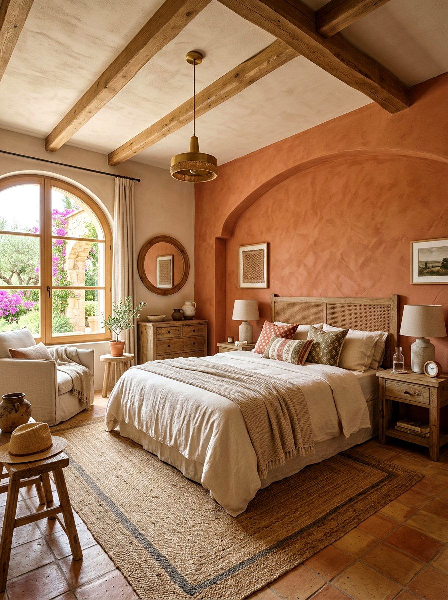 Earthy Terracotta Fabric Wall - 30 upholstered wall bedroom ideas
