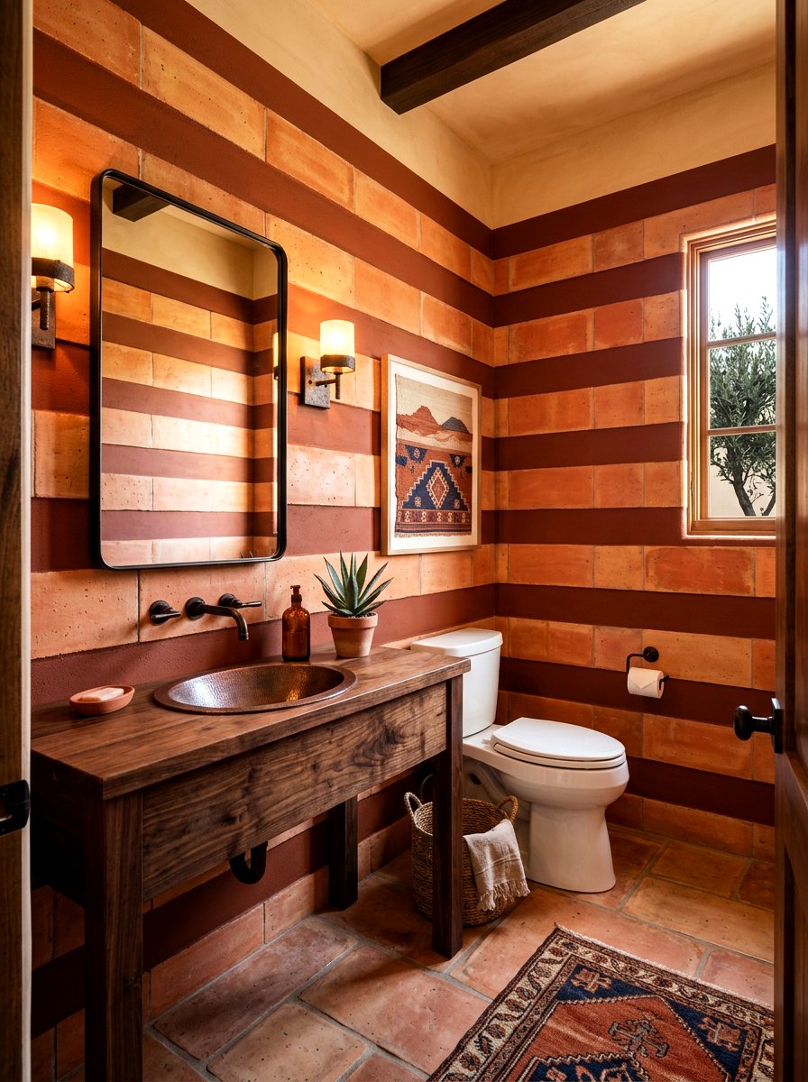 Earthy Terracotta Horizontal Stripe Wall - 30 stripe powder bath ideas