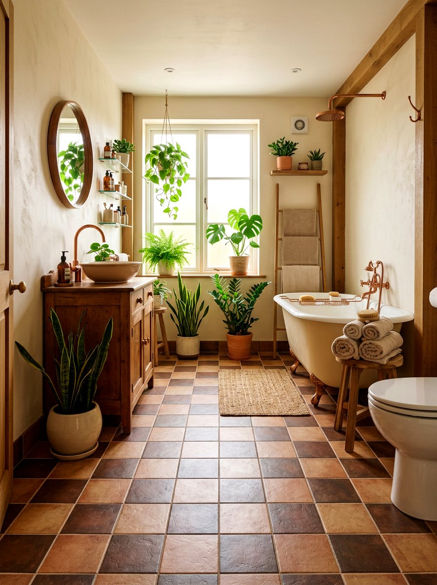 Earthy brown tone checkered bathroom tile - 30 checkerboard bath floor ideas