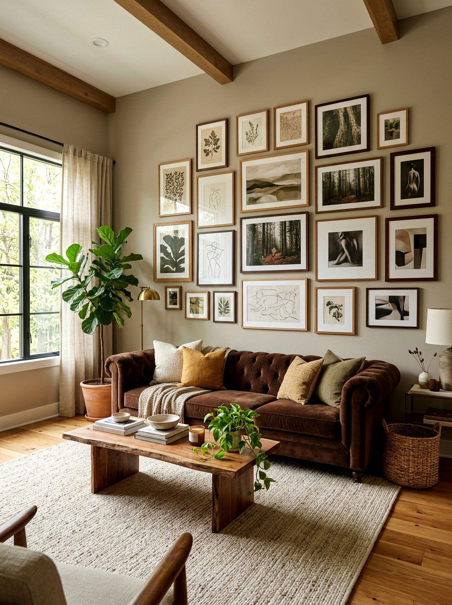 Earthy gallery wall - 30 tonal brown living room ideas