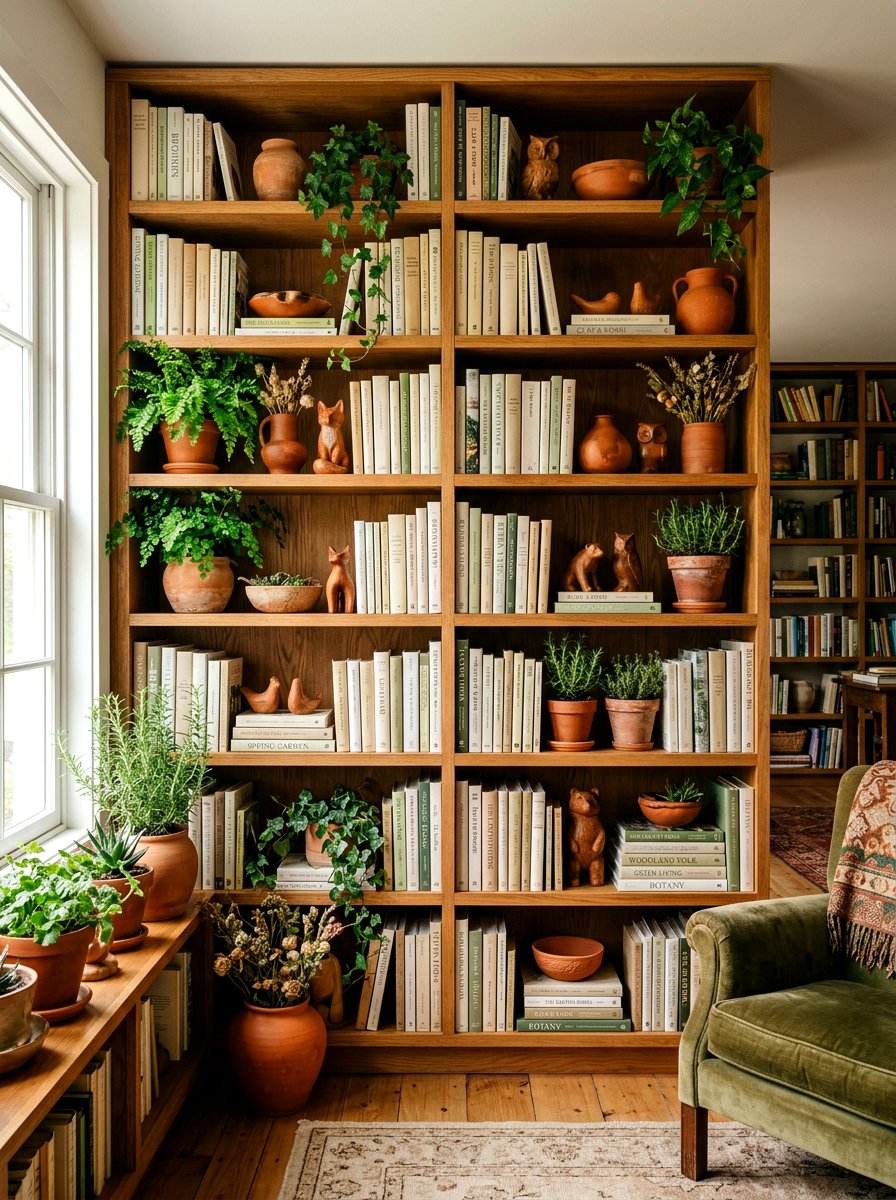 Earthy spring bookshelf - 30 bookshelf spring styling ideas