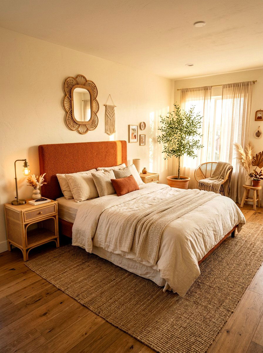 Earthy terracotta boucle headboard - 30 boucle headboard ideas