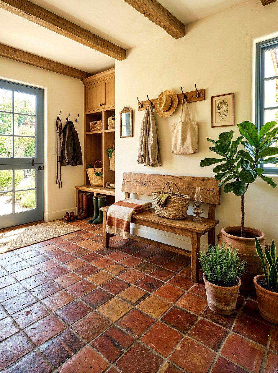 Earthy terracotta floor tile - 30 patterned mudroom tile ideas