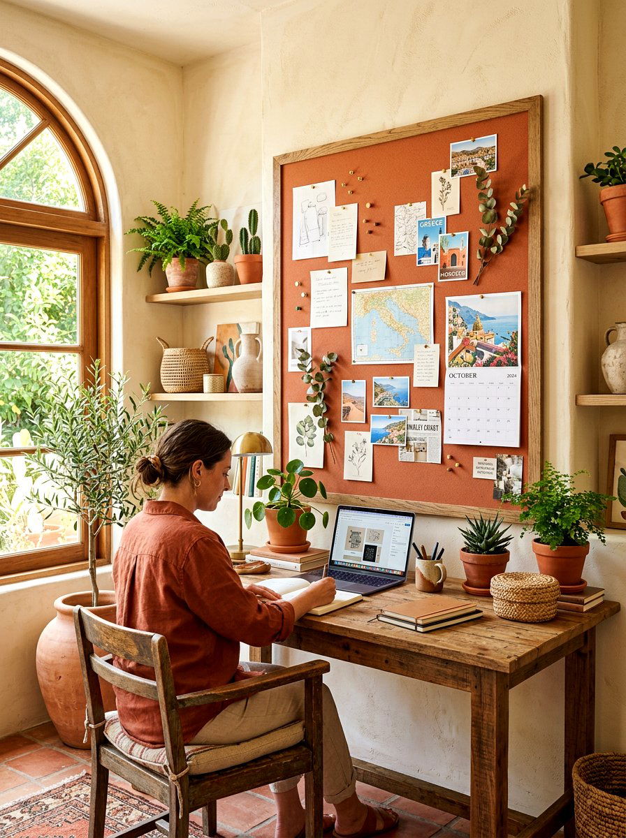 Earthy terracotta office pinboard - 30 pinboard office aesthetic ideas