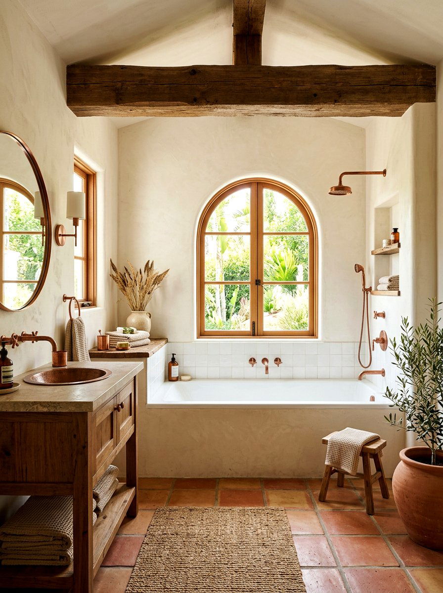 Earthy terracotta tile bathroom - 30 alcove tub styling ideas