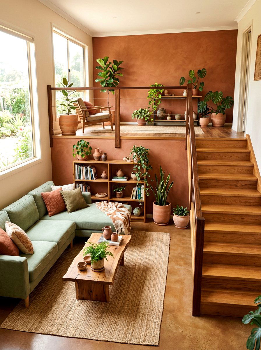 Earthy tone split level interior style - 30 split level living room ideas