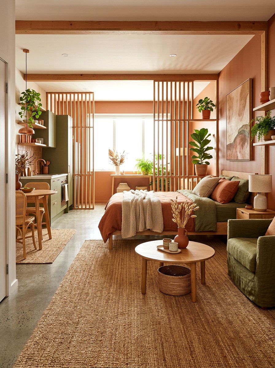Earthy tone studio apartment - 30 studio apartment vibe ideas