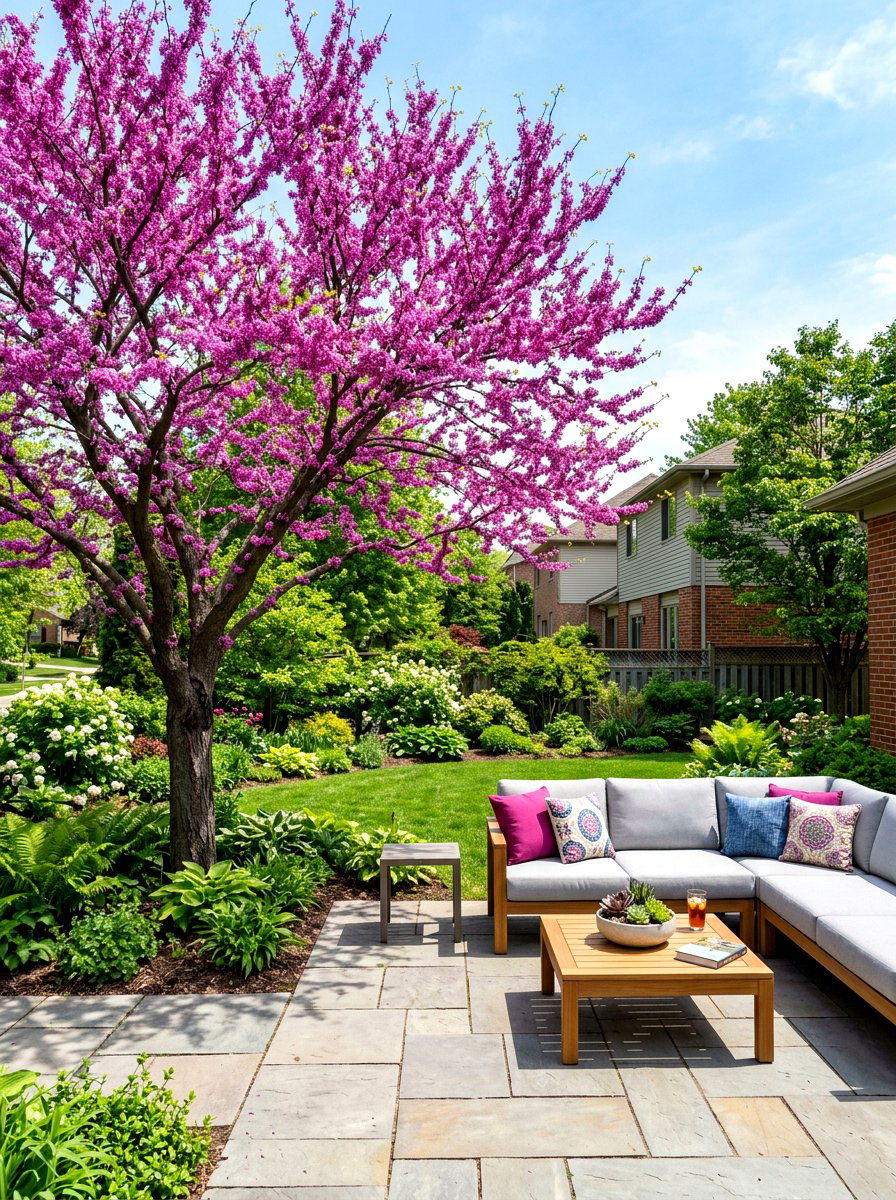 Eastern Redbud Patio - 30 ornamental tree landscaping ideas