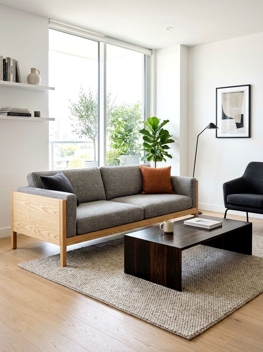 Ebony Wood Coffee Table and Light Pine Sofa - 30 mixed wood tone decor ideas