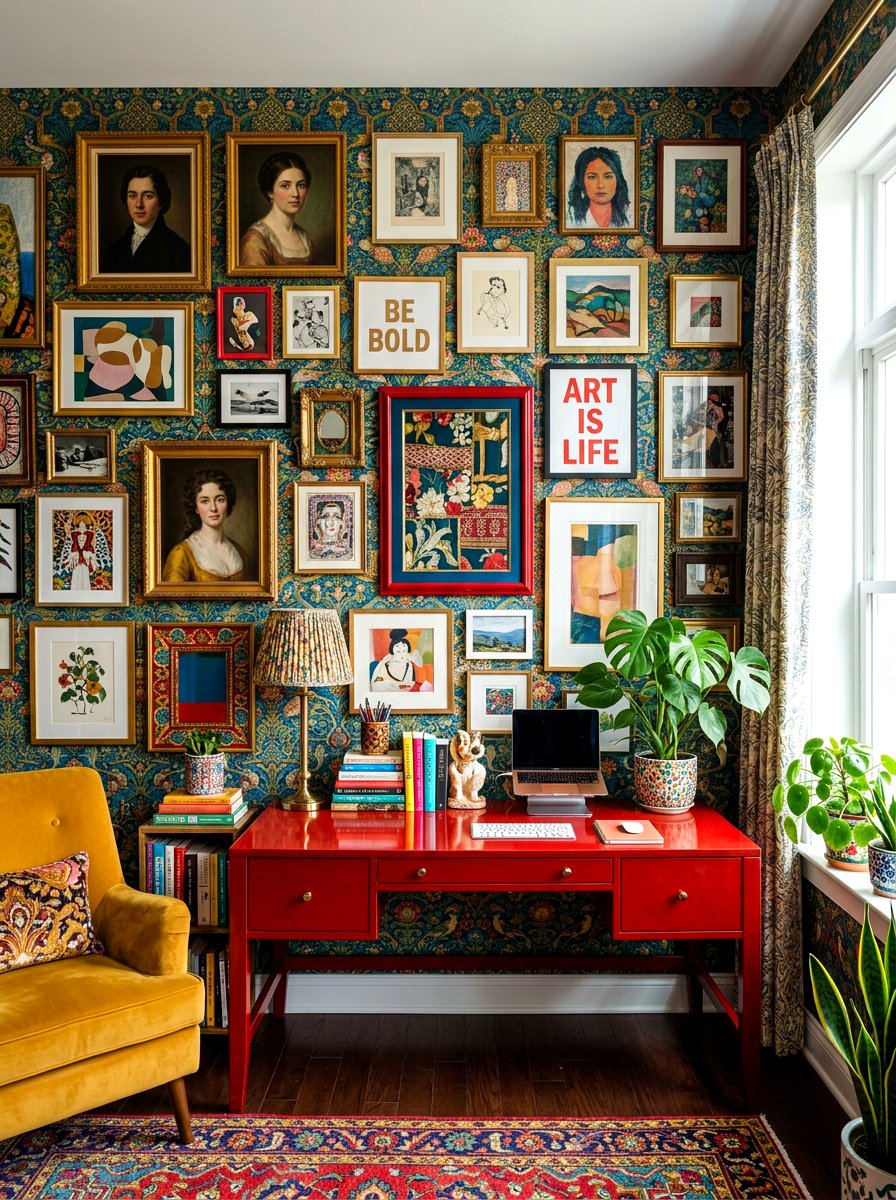 Eccentric Maximalist Wall - 30 art wall office ideas