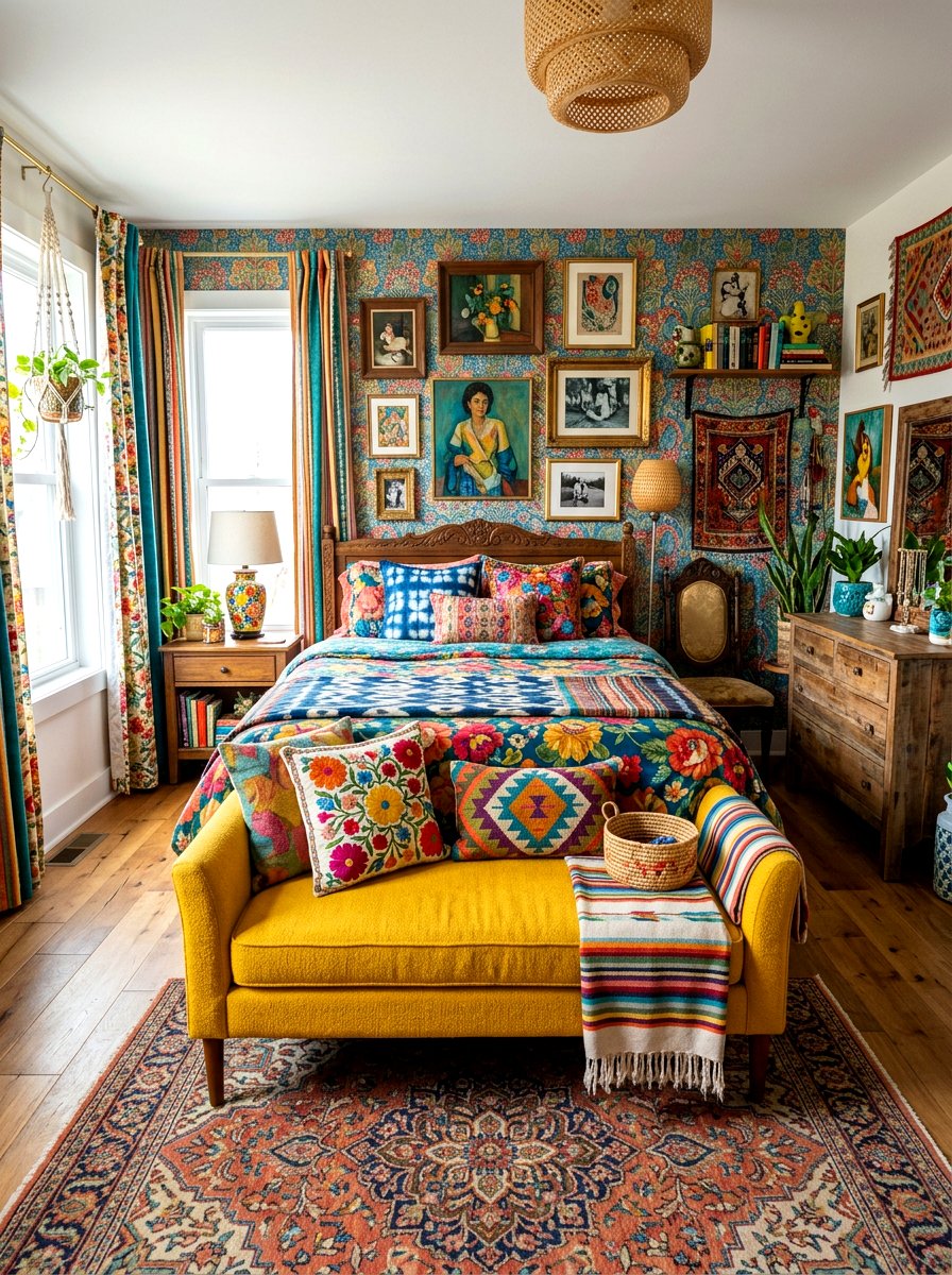 Eclectic Bedroom With Colorful Bench - 30 bedroom bench ideas
