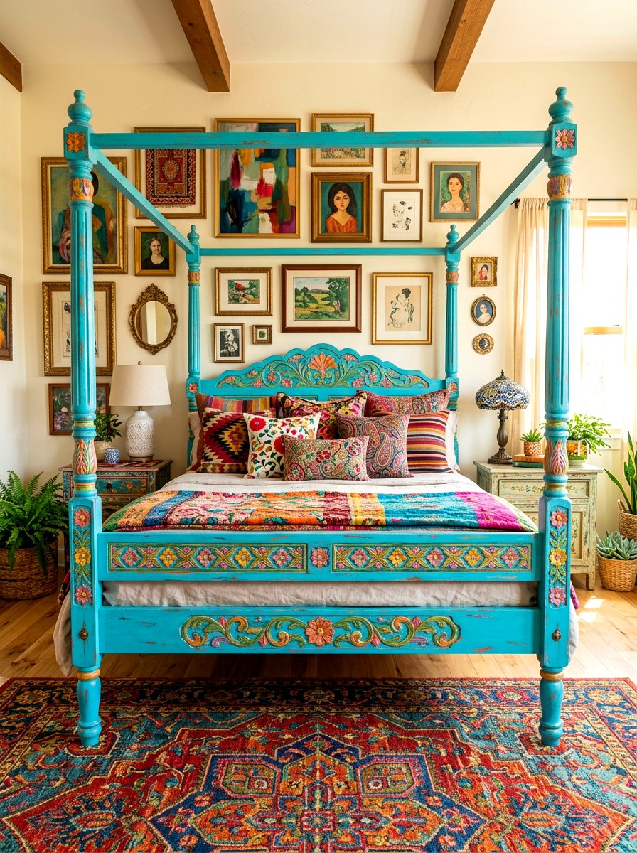 Eclectic Colorful Painted Poster Bed - 30 four poster bed ideas