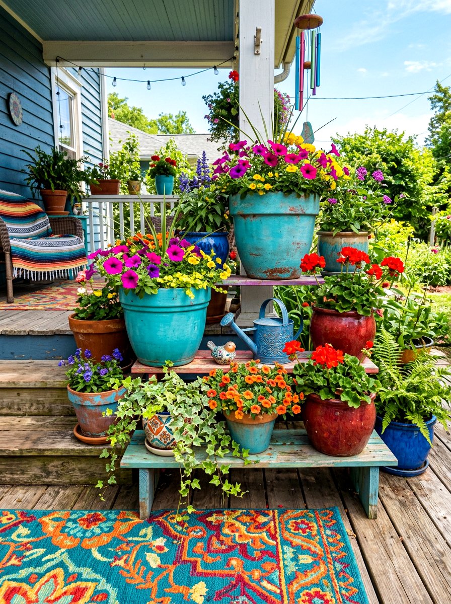 Eclectic Colorful Porch Planter - 30 porch ceiling planter ideas