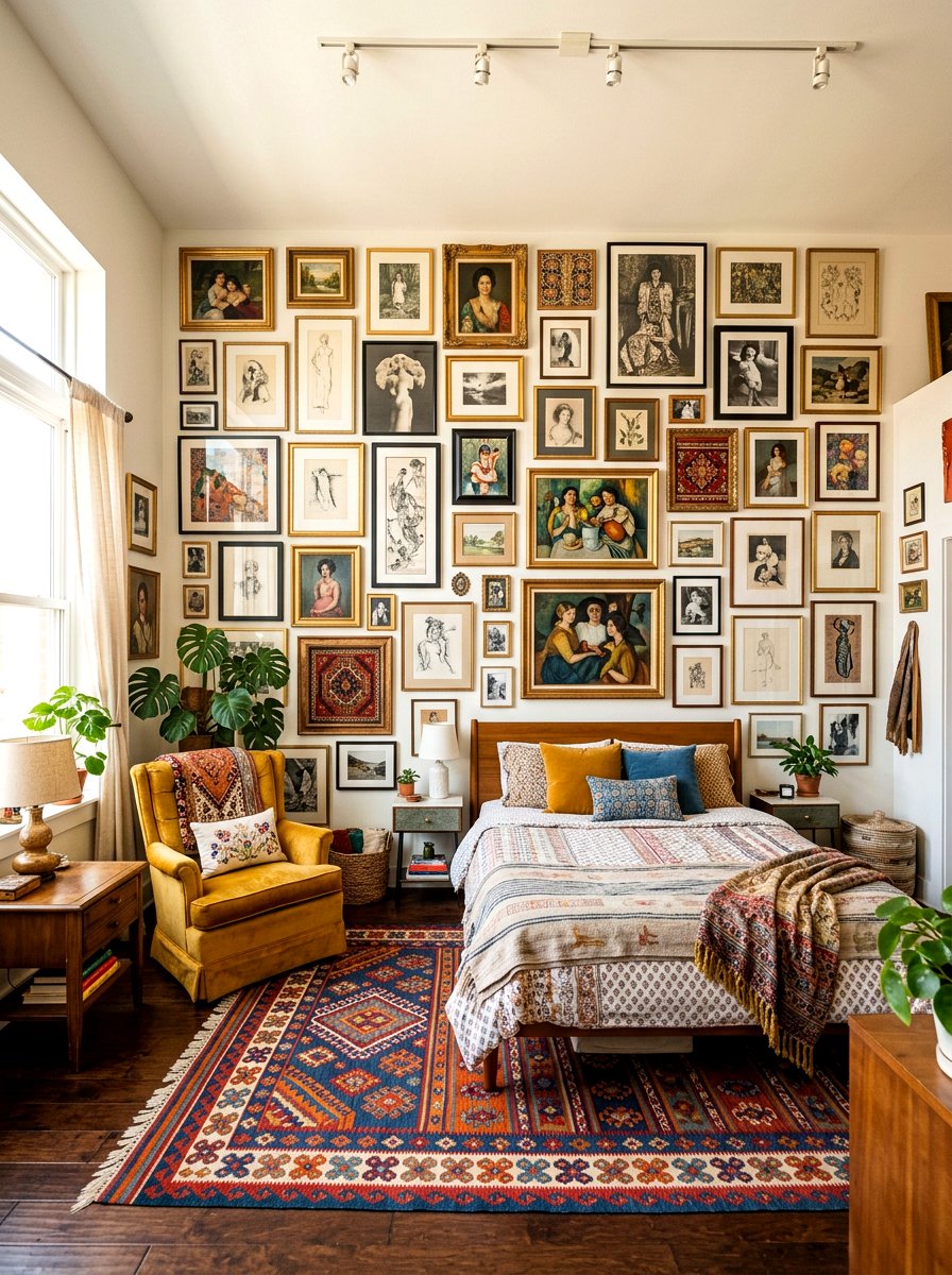 Eclectic Gallery Wall - 30 maximalist bedroom ideas