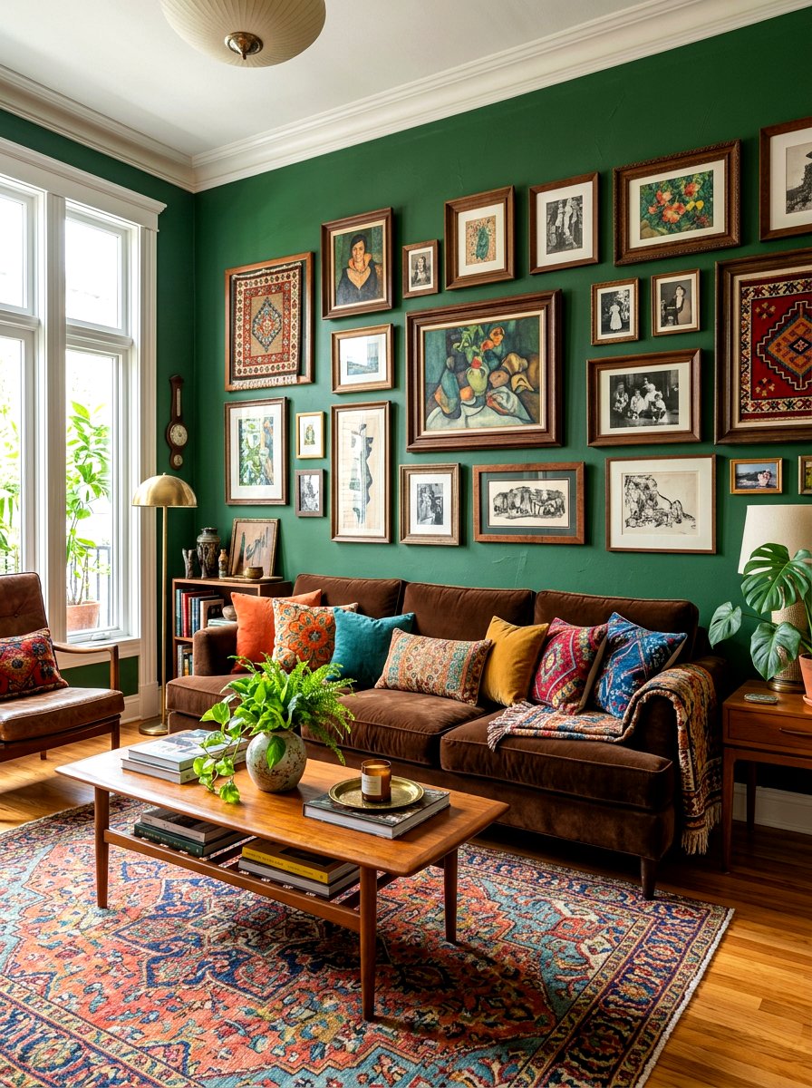 Eclectic Living Room With Green Gallery Wall And Brown Velvet - 30 forest green and brown living room ideas