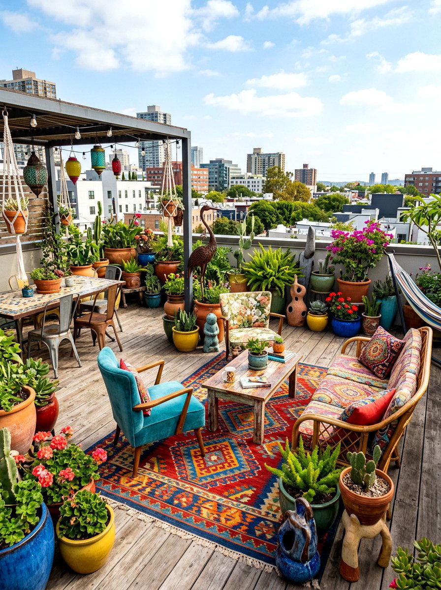 Eclectic Rooftop Style - 30 rooftop patio lounge ideas aesthetic