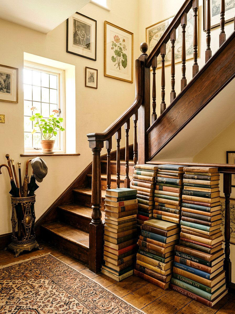 Eclectic Staircase Landing With Vintage Book Stacks - 30 vintage book decor ideas