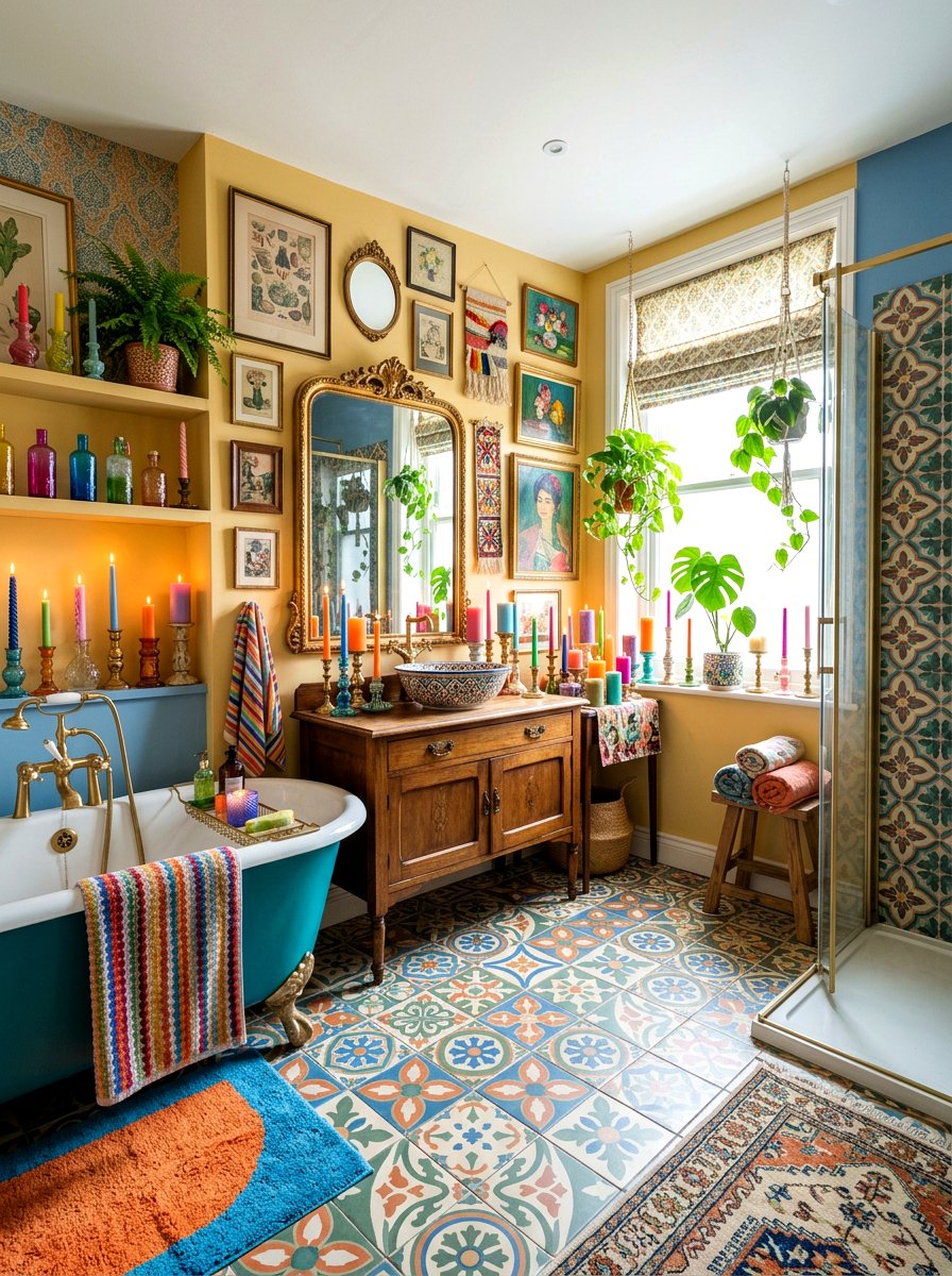 Eclectic bathroom with colorful candles - 30 candlelit bathroom ideas