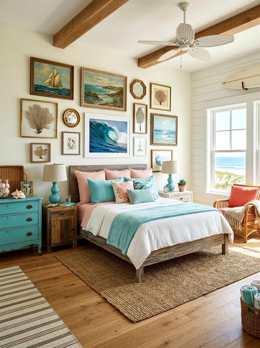 Eclectic coastal bedroom with gallery wall - 30 coastal bedroom ideas