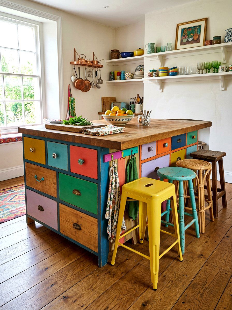 Eclectic colorful dresser island - 30 antique dresser kitchen island ideas