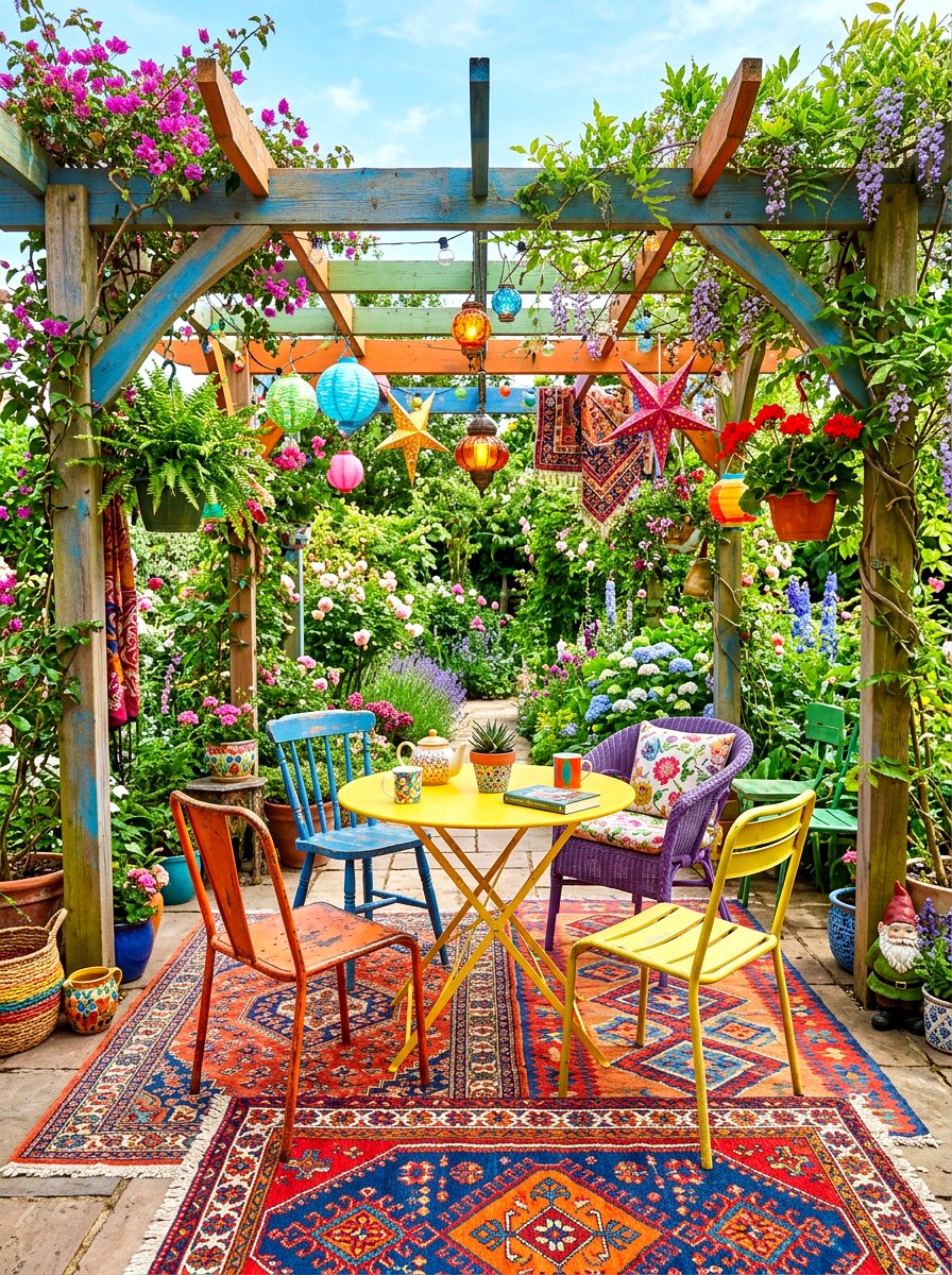 Eclectic colorful pergola patio - 30 open pergola seating ideas