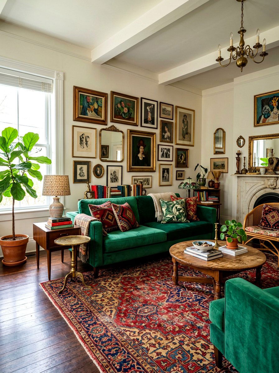 Eclectic living room with green furniture - 30 emerald green living room ideas