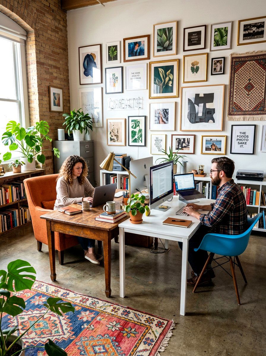 Eclectic mismatched shared workspace - 30 double desk office ideas
