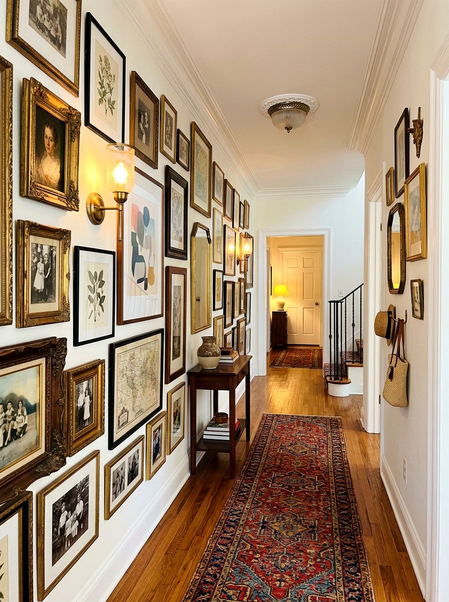 Eclectic mixed frame wall - 30 hallway gallery wall ideas